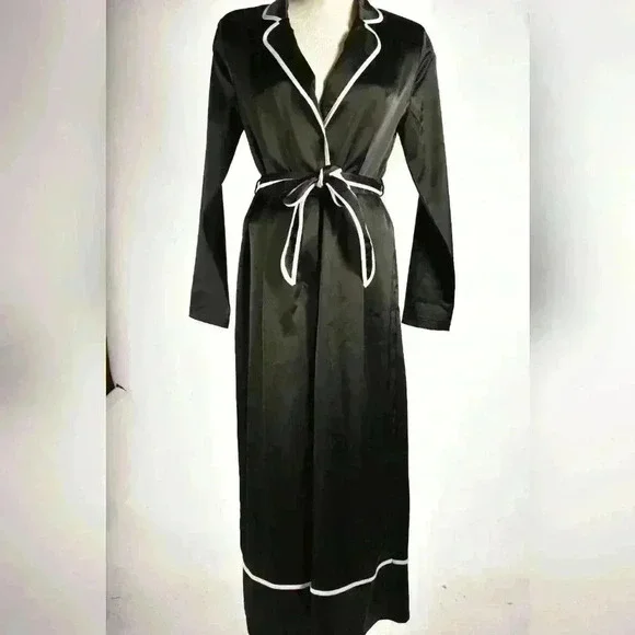 MISSGUIDED Black White Piped Poly Satin Pyjama Tie Wide Leg Jumpsuit 8US 12UK - Picture 1 of 11